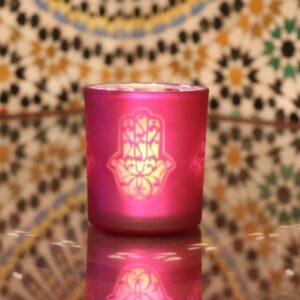 GRANDE MAIN FATMA ROSE - PHOTOPHORE ARTISANAL VERRE CYLINDRE - Grossiste Décoration Artisanat Marocain | Boutique d'artisanat