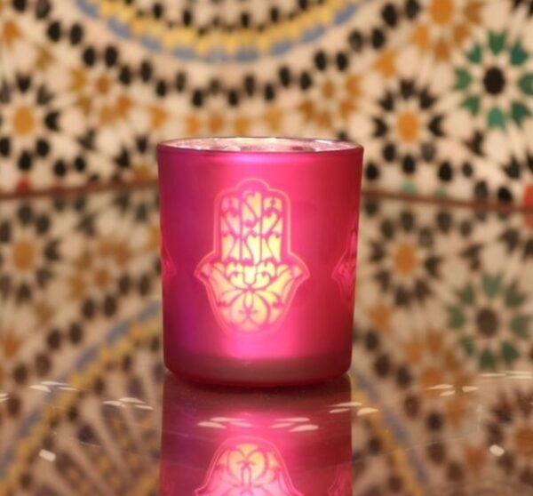 GRANDE MAIN FATMA ROSE - PHOTOPHORE ARTISANAL VERRE CYLINDRE - Grossiste Décoration Artisanat Marocain | Boutique d'artisanat